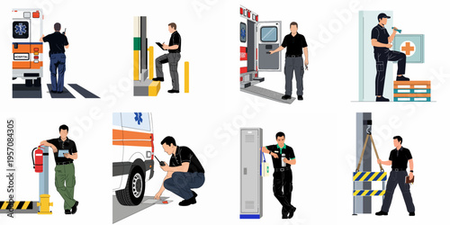 Collection of illustrations showing a male emergency responder and worker performing various professional tasks in different industrial and medical settings.
