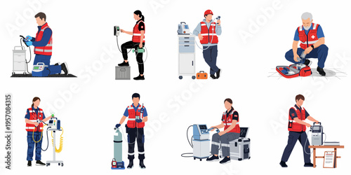 Set of flat vector illustrations featuring paramedics and emergency medical technicians operating professional medical equipment, including defibrillators and oxygen tanks.