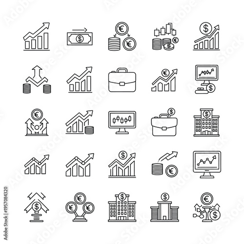 A comprehensive set of line icons depicting various financial concepts, business growth, banking, and economic indicators, suitable for digital and print media.