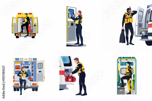 Flat vector set of search and rescue divers in wetsuits preparing gear near an emergency ambulance for water rescue operations.