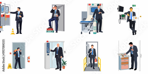 Set of professional illustrations depicting a businessman in various emergency response, security, and facility management roles.