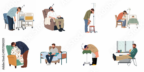Set of illustrations depicting an exhausted father or caregiver providing care and emotional support for a sick child in a hospital environment.