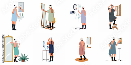 Set of diverse patient characters in hospital gowns and head bandages looking into mirrors during post-surgical recovery and medical treatment.