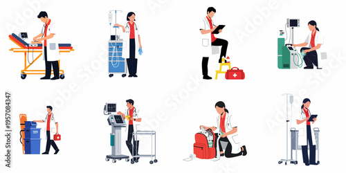 Flat vector illustration set of medical professionals, doctors, and paramedics using specialized equipment for emergency response, hospital care, and patient treatment.