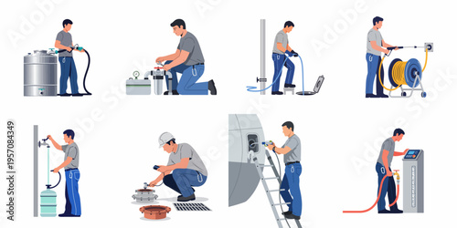 Collection of workers in blue uniforms performing industrial maintenance, technical repairs, refueling, and equipment operation across various utility and service sectors.