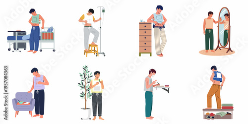 Collection of illustrations showing a man's recovery process, self-care, and acceptance of body scars after surgery in different daily life scenarios.