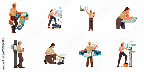 A collection of male and female explorers in khaki uniforms using high-tech navigation systems, digital maps, and touchscreens for field research and communication.