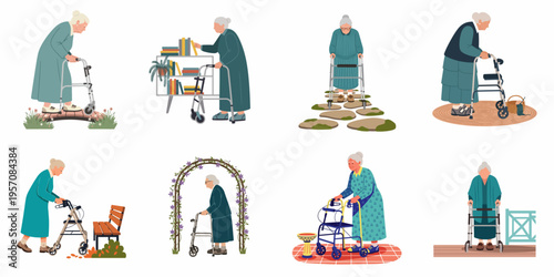 Flat illustration set of an elderly woman using a walker in various indoor and outdoor daily life activities, highlighting senior mobility and independence.