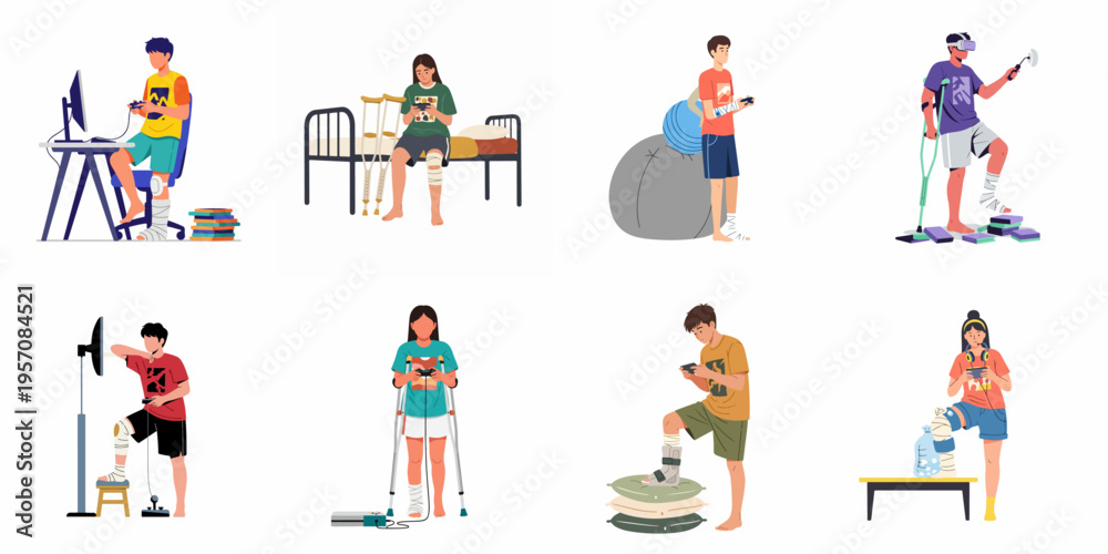 Fototapeta premium Set of young people with various physical injuries playing video games and using gadgets during their recovery and rehabilitation process at home.