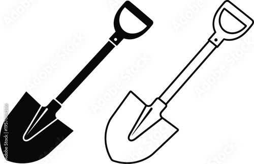 Shovel tool icon set with solid and outline styles, gardening equipment symbol, digging spade, black vector illustration isolated design