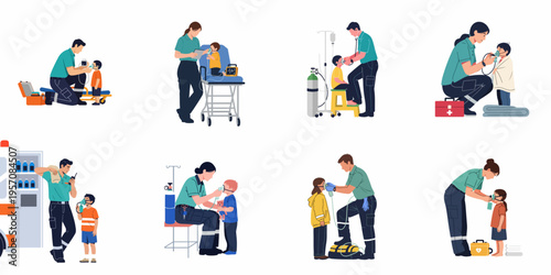 Vector illustrations of paramedics providing emergency medical care to young children using oxygen masks and medical equipment in various rescue situations.