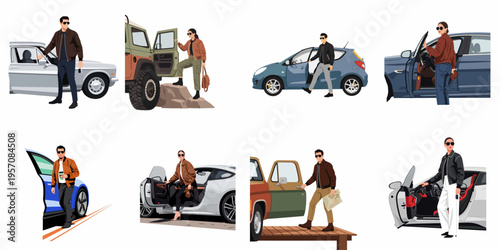 Flat illustration set of stylish men and women getting into and out of various modern and vintage cars, isolated on white background.