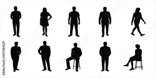 Black silhouettes of people standing and sitting in various poses on white Keywords: silhouette, people, man, woman, standing