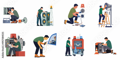 Set of illustrations depicting professional technicians performing maintenance, repair, and installation tasks on various electrical and industrial equipment.