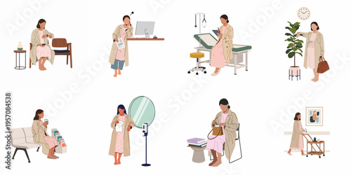 Set of illustrations showing a woman in various medical and office environments, from waiting rooms to examination areas, in a flat vector style.
