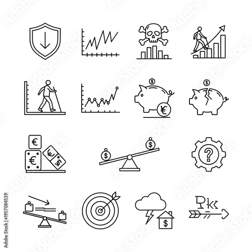 A collection of line icons representing various financial concepts, business risks, economic growth, investment strategies, and market challenges.