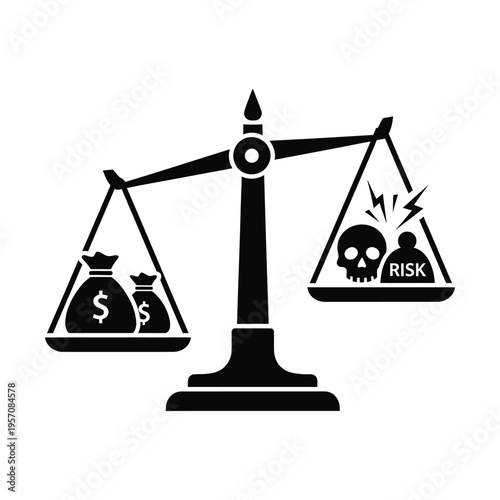 A black and white illustration depicting a balance scale with money bags on one side and a skull labeled 'RISK' on the other, symbolizing risk assessment and financial decision-making.