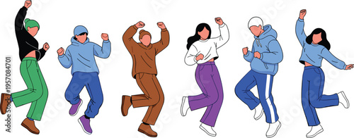 Set of diverse young people jumping for joy and dancing in casual streetwear isolated on white background for celebration success and happiness concepts.