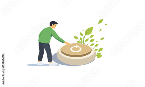 Concept illustration of restart process and activation of personal growth. Man pressing reset button with emerging plants symbolizing transformation, productivity and positive change.