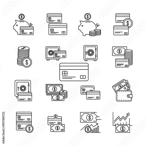 Collection of financial and banking line art icons, including credit cards, money, piggy banks, safes, and investment charts, representing various aspects of personal and business finance.