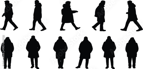 Black silhouettes of people wearing winter coats and hats walking and standing on white Keywords: silhouette, people, winter