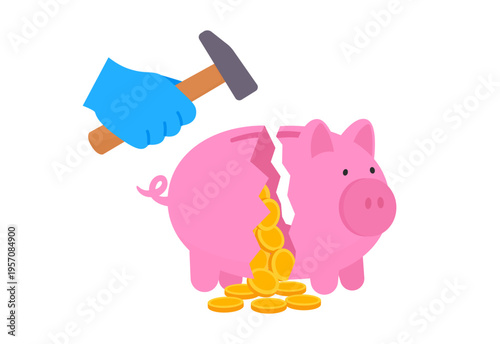 Piggy bank broken. Hand with hammer break piggy bank with coins falling out. Spending savings. Vector illustration isolated on white background