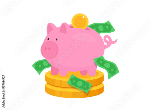 Piggy bank. Saving money, financial literacy. Pink piggy bank on stack golden coins with green dollars. Flat vector illustration isolated on white background