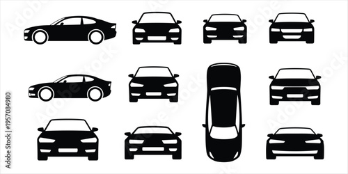 Collection of black car silhouettes in various views and styles automobile vehicle
