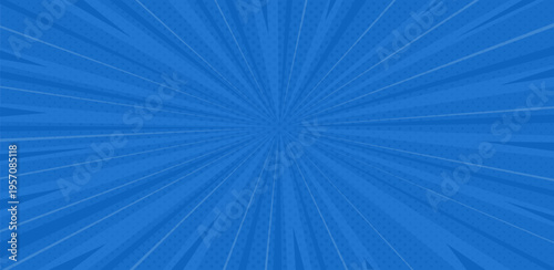 Pop art blue comics book cartoon background. Flash explosion radial lines abstract comic book, anime style. Vector halftone illustration.