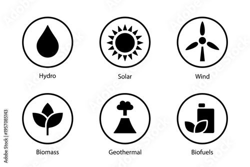 Green energy icon set, minimal round black signs isolated on white. Electricity generation from renewable sources like hydro, solar, wind, biomass, geothermal and biofuels. Vector minimalist logo.