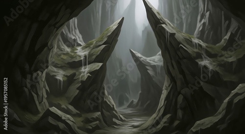 Dark Fantasy Cave with Sharp Rock Formations.