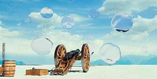Cannon shooting soap bubbles with symbolic excessive force outdoors