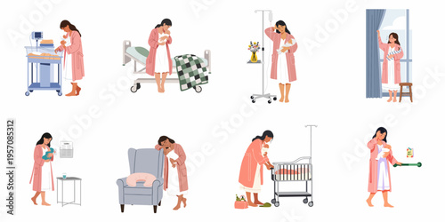 Illustrations of a mother experiencing postpartum depression and exhaustion while caring for her newborn baby in various hospital settings.