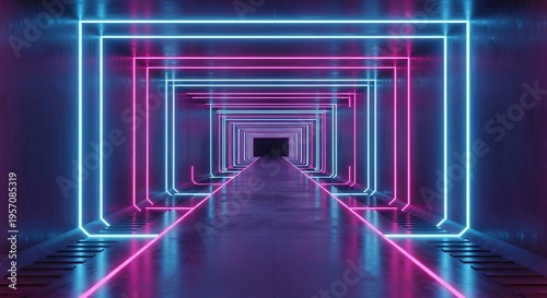 Futuristic Neon Light Tunnel Abstract Background.
