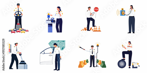Set of flat vector illustrations depicting various traffic police activities and traffic management scenes with male and female officers in uniform.