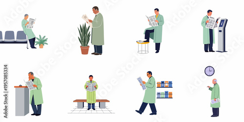 Set of illustrations depicting men in green coats reading newspapers in various indoor environments like waiting rooms, offices, and lobbies.