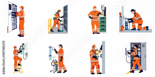 Collection of diverse industrial workers in orange safety gear performing maintenance and gas equipment tasks in various industrial settings.