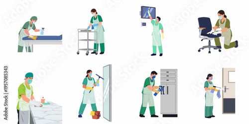 Illustration set of professional cleaners in medical scrubs disinfecting various surfaces in a hospital or clinic setting to maintain hygiene and safety.