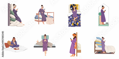 Set of Illustrations Depicting a Young Woman in Pajamas Using her Smartphone in Various Relaxing Bedtime and Morning Routines.