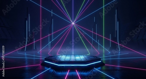 Futuristic Neon Stage with Laser Light Show and Glowing Platform.