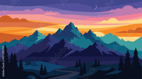 A minimalist, stylized illustration of a mountain range silhouetted against a vibrant sunset sky with a crescent moon and distant stars.