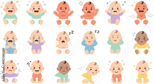 Baby Emotions Collection Vector Set with Happy Sad Crying Sleeping Angry and Calm Infant Expressions for Character Illustration and Childcare Design.