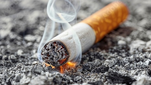 Wallpaper Mural Burning Cigarette Butt Smouldering in Ash on Ground Macro Aesthetic Torontodigital.ca