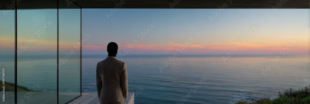 Fototapeta premium Adult african male in light suit standing on glass terrace overlooking vast ocean at dusk solitary contemplative executive retreat