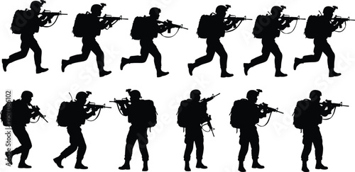 Military soldier silhouette collection, special forces army personnel set, tactical infantry with rifles, combat mission vector illustration, isolated white background