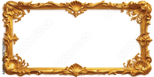 An ornate antique gold frame with a vintage baroque design provides an empty blank border for a portrait or art painting, isolated on a white background for a retro museum decoration style