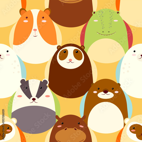 Vector seamless pattern (tiling) with cute animals in naive style in pastel colors. Endless texture can be used for pattern fills, t-shirt print, web page background, fabric design, scrapbooking paper
