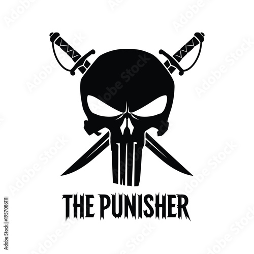 Punisher skull and crossed swords vector illustration, black and white graphic design
