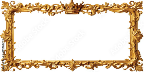 An ornate vintage golden picture frame with an antique baroque design featuring a blank carved wood border isolated on a white background for retro art decoration