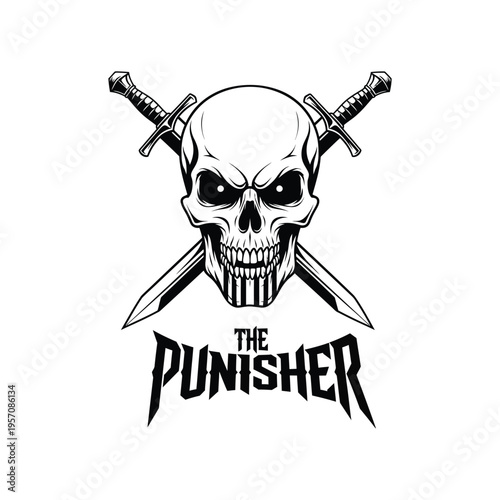 Skull and two crossed swords vector illustration, the punisher text on white background